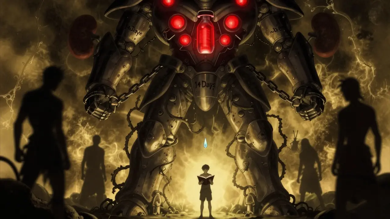 An armored deity with glowing pumps chained as shadows creep up its legs.