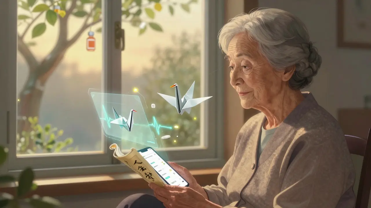 An elderly woman surrounded by delicate digital reminders shaped like origami cranes at dawn.
