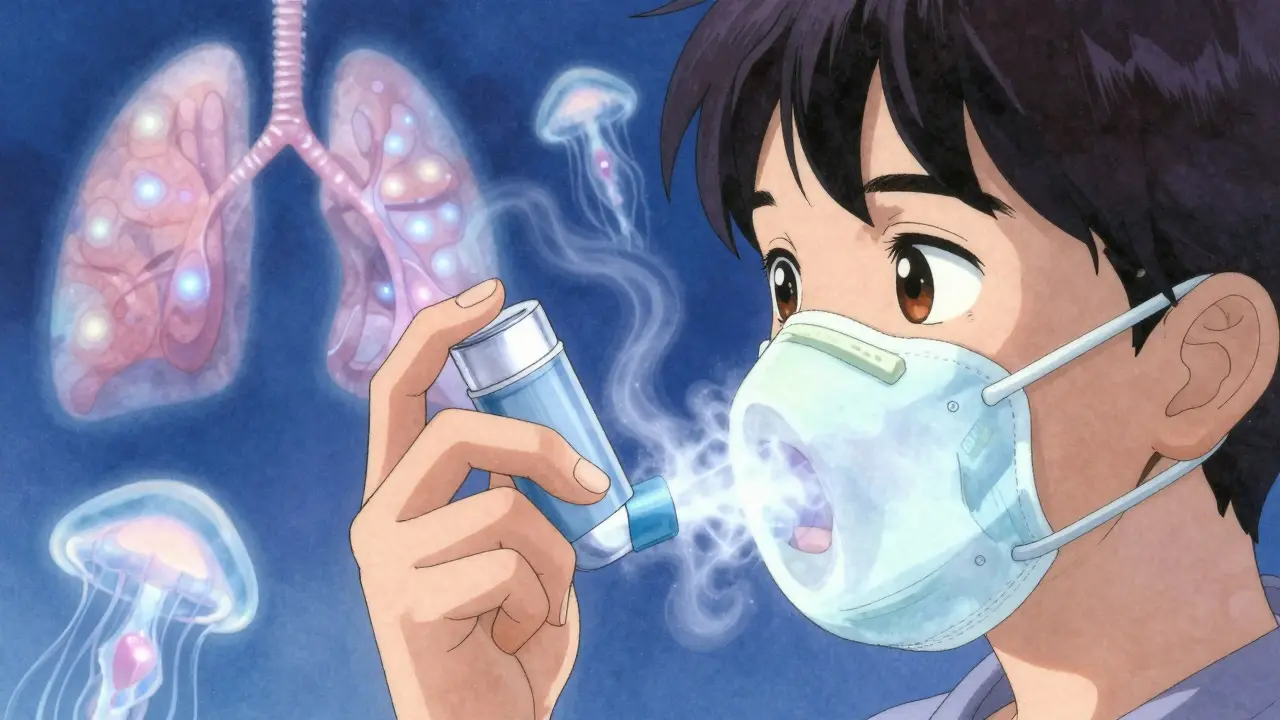 Child using inhaler with spacer and mask, bioluminescent mist flowing gently into mouth.
