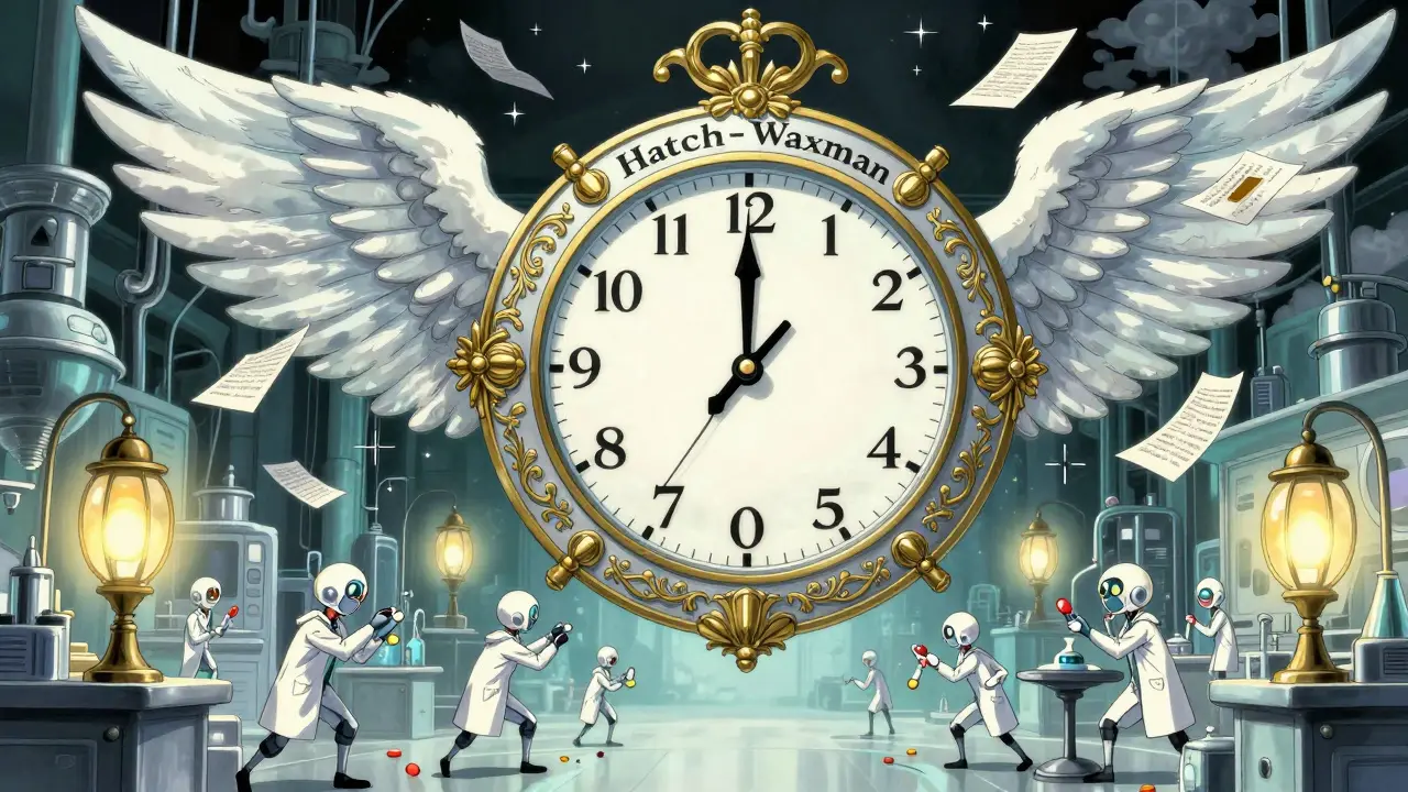 Delicate FDA lab figures assembling pills under glowing lanterns, with paper wings carrying away patent documents.