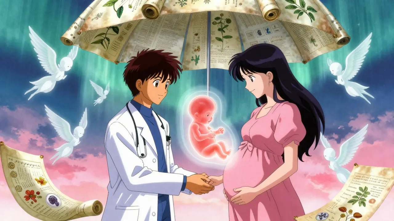 Doctor and mother holding hands under floating medical scrolls, with a glowing fetal silhouette in a dreamy twilight scene.