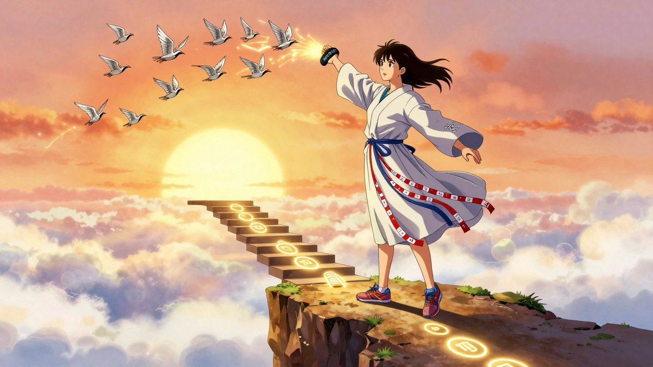 Female runner on cliff at sunrise, robe made of shoes and test strips, releasing bone-shaped cranes, 6-phase staircase below.