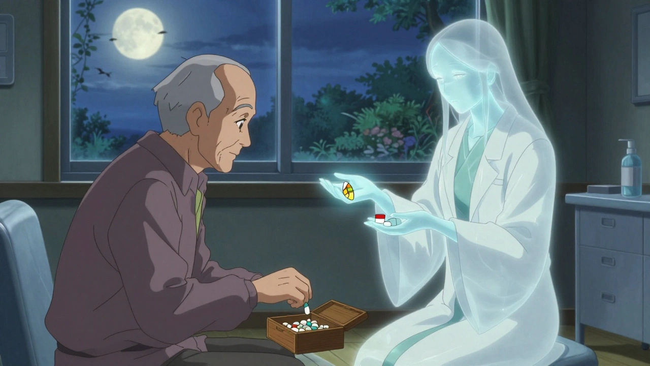 Older man placing old pills in a box as a spirit pharmacist offers safer alternatives in moonlit room.