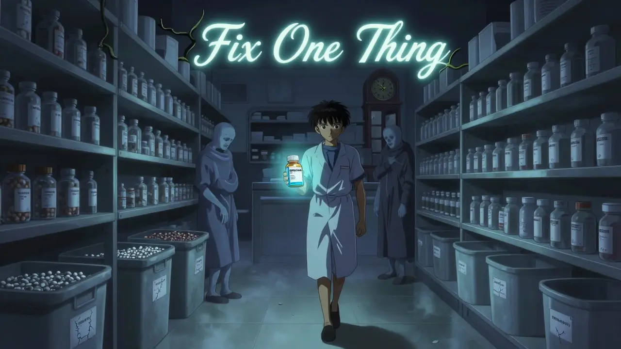 Patient holding glowing metformin bottle amid spectral inventory failures and a 'Fix One Thing' vine