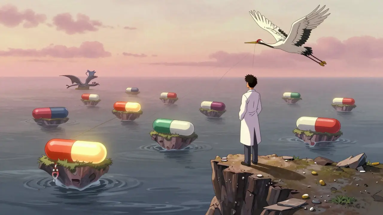 Pharmacist at a cliff overlooking sinking pill islands, as a crane cuts monopoly ropes under dawn light.