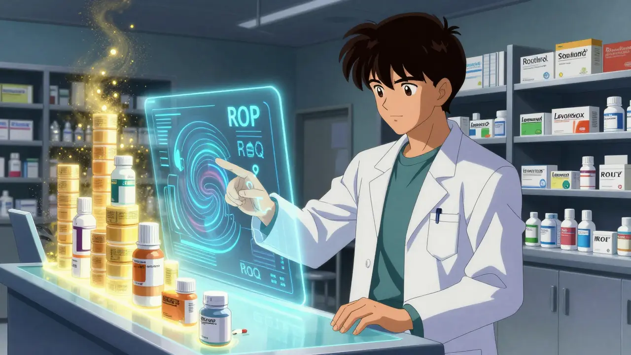 Pharmacist interacting with holographic inventory data as generics rise and brands dissolve