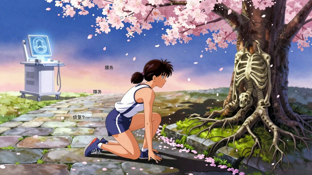 Runner doing heel raises at dawn, shadow forming a skeletal tree with muscle roots, petals drifting in moonlight.