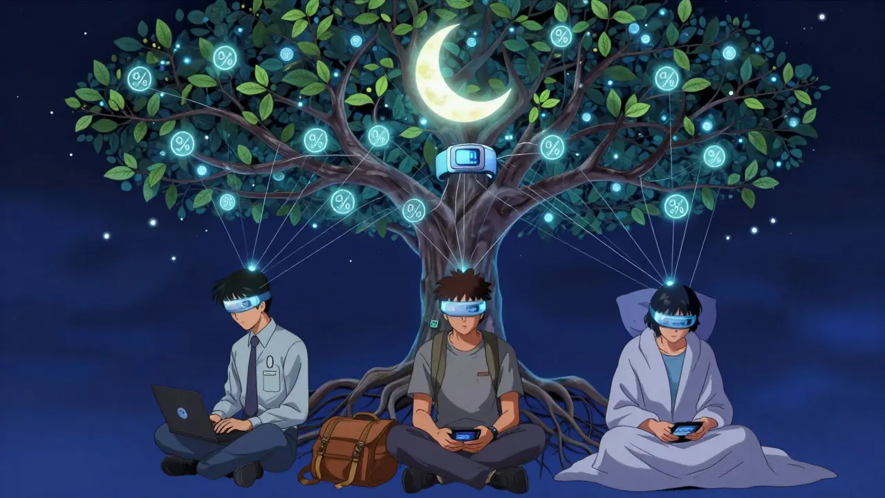 Three people connected by glowing threads to a cosmic tree of sleep cycles, under a moon shaped like a wristband.