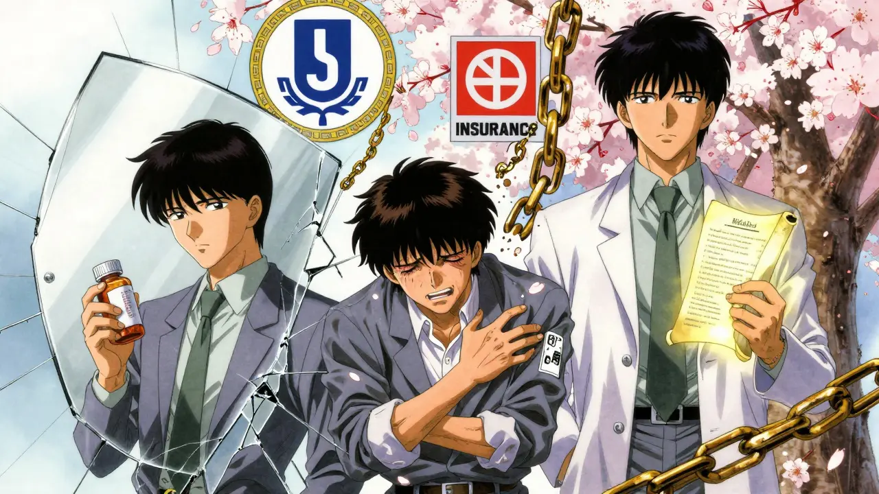 Three versions of a person reflected in a fractured mirror, symbolizing different responses to generic drug substitution.