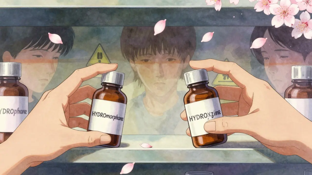 Two similar drug bottles with glowing capitalized letters, surrounded by warning petal shapes in Amano style.
