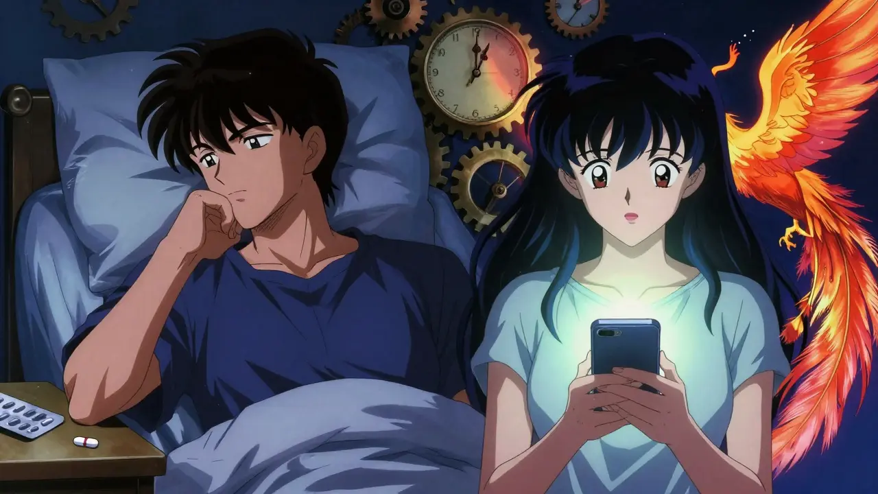 Two versions of a person: one forgetting medication at night, another reminded by a glowing phone at dawn.