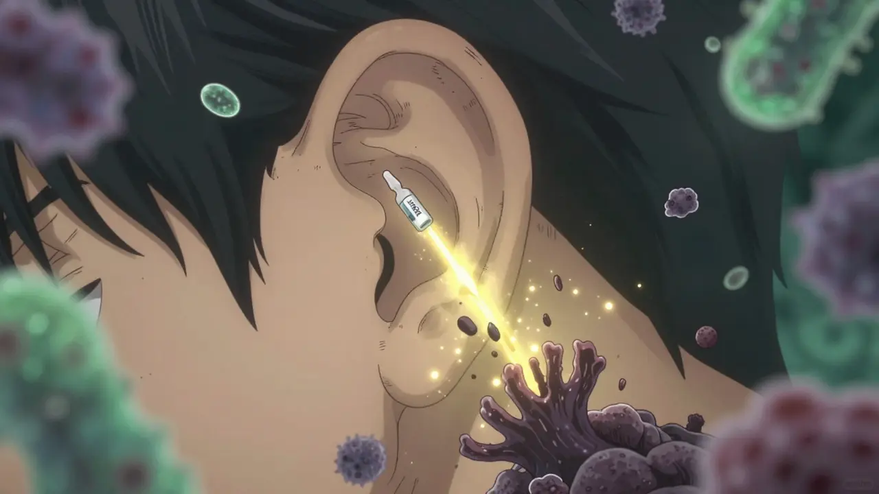 A bioluminescent ear canal with golden drops dissolving fungal spores, abstract earwax crystals floating in the background.