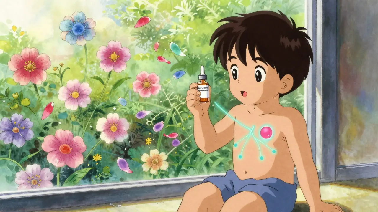 A child holding desloratadine as glowing flowers bloom around them, symbolizing reduced allergy inflammation.