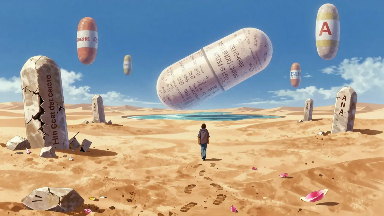 A desert landscape with a single pill oasis surrounded by crumbling high-cost generic monoliths.