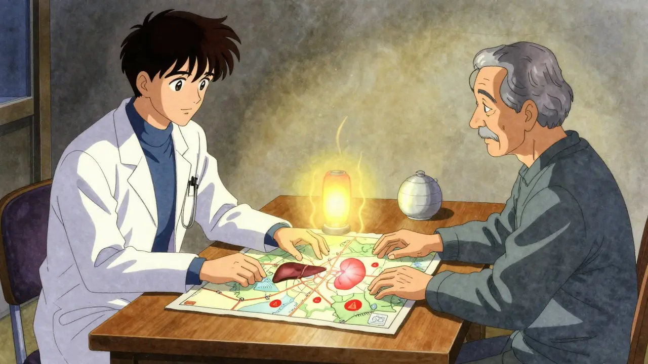 A doctor and patient reviewing a glowing body map with fading warning symbols.