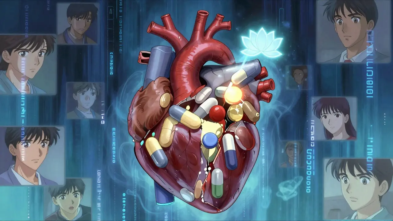 A fragmented heart made of pills reassembling under an FDA lotus emblem, surrounded by AI streams and patient whispers in soft blue and amber light.