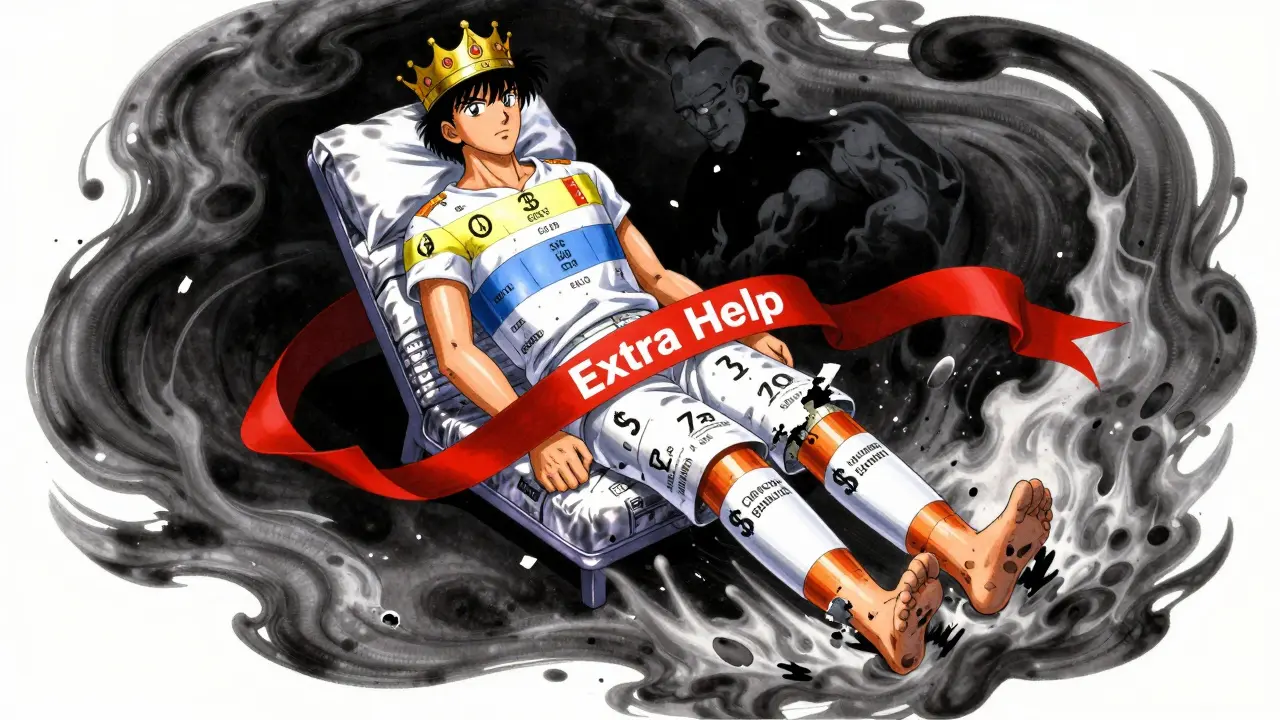 A fragmented portrait of a Medicare beneficiary made of prescription tiers, with the old high-cost cap crumbling below, and 'Extra Help' as a red ribbon.