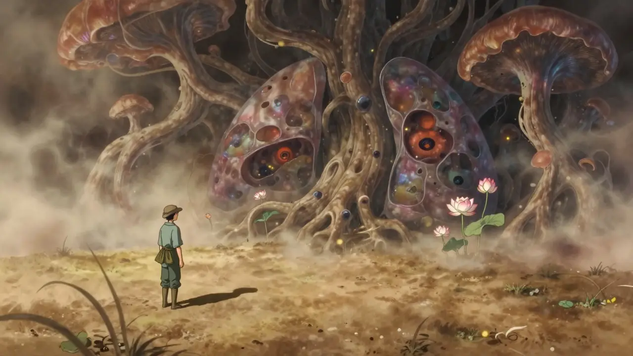 A gardener whose shadow transforms into fungal spores rising from soil, with glowing nodules in their chest.