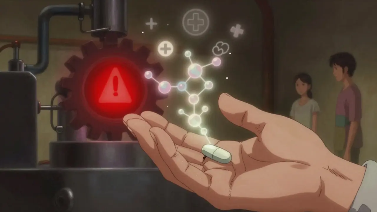A generic pill dissolving into molecular structures with warning lights from manufacturing machinery.
