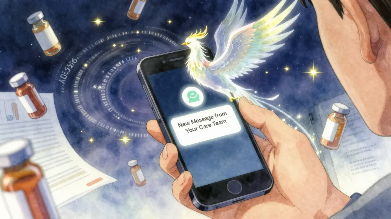 A hand holding a phone with a secure message notification, surrounded by swirling encryption patterns and a rising phoenix.