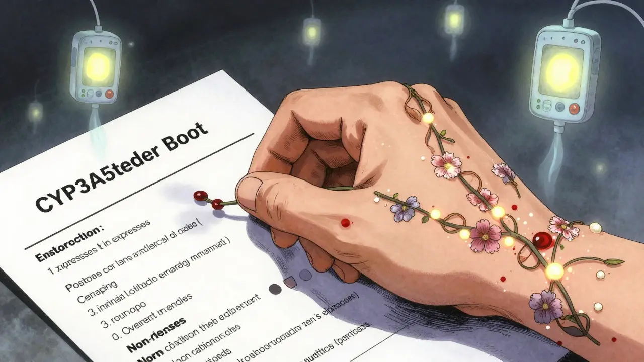 A hand holds a warning sheet as gene strands glow from skin, with faint dialysis lanterns in the background.