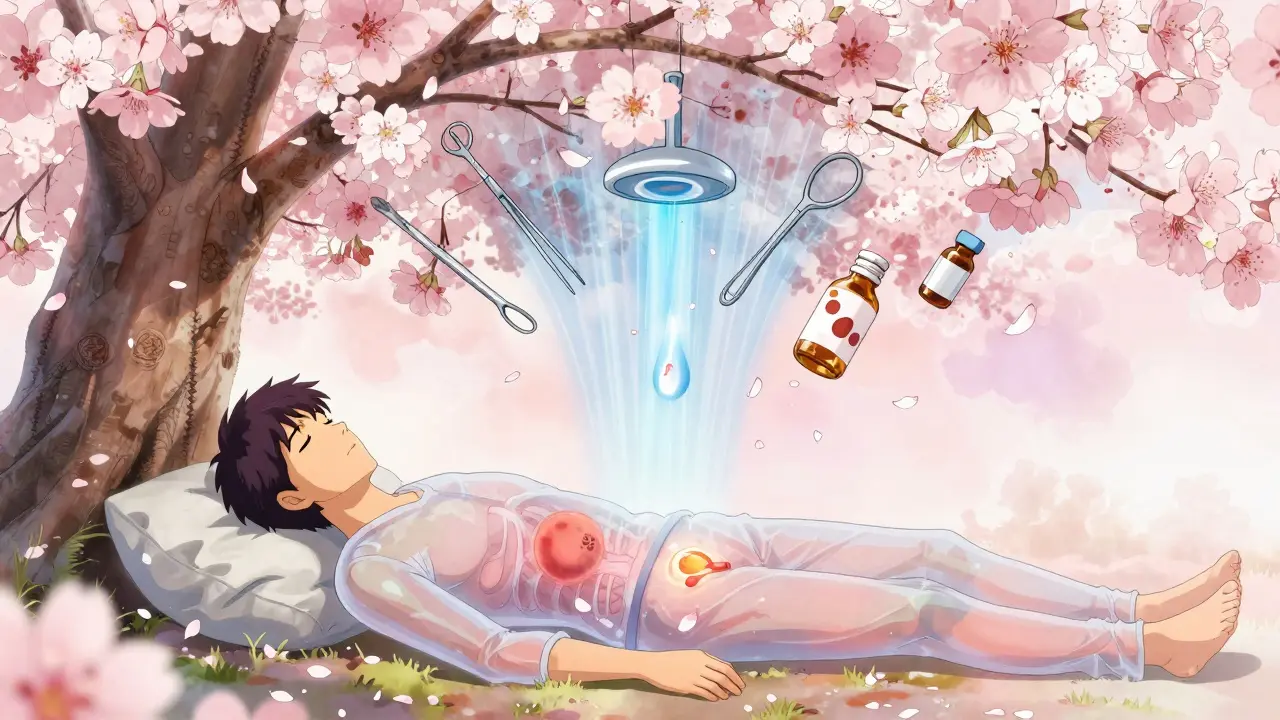 A man at peace as a harmless tumor dissolves into cherry blossoms, representing the choice to avoid overtreatment.