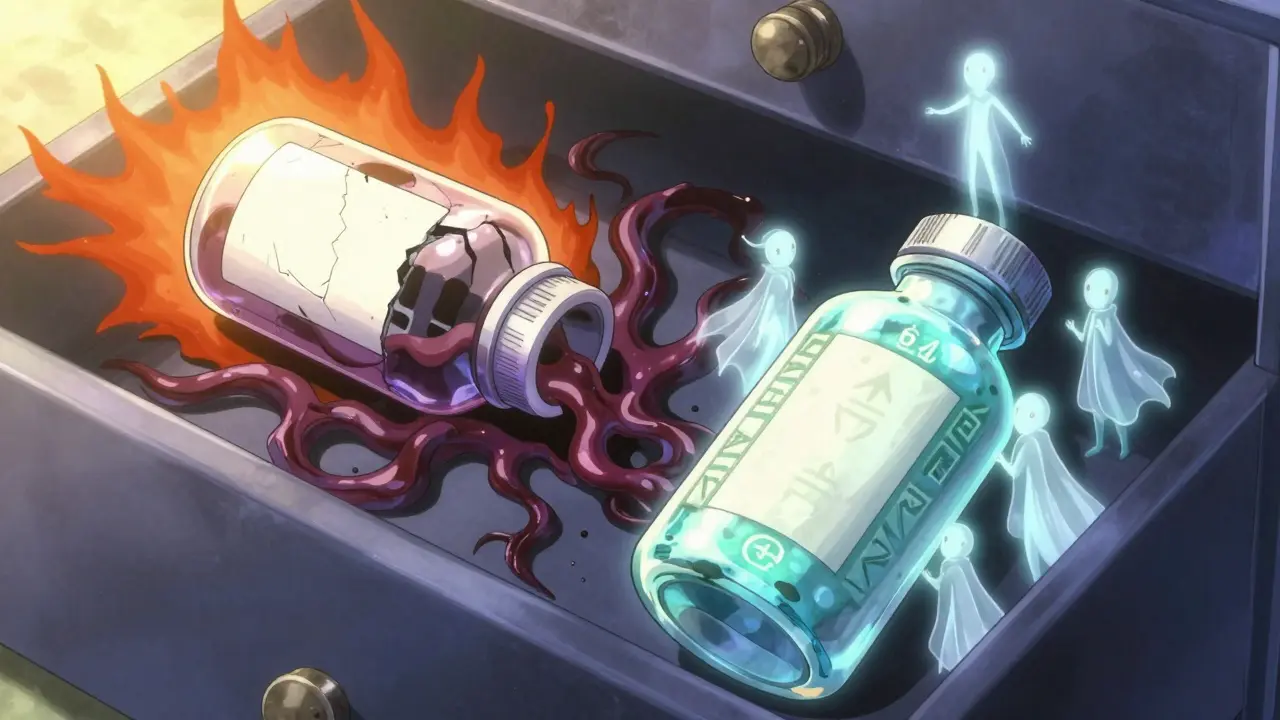 A medicine bottle crumbling in heat vs. another protected by mystical runes in a dark drawer.