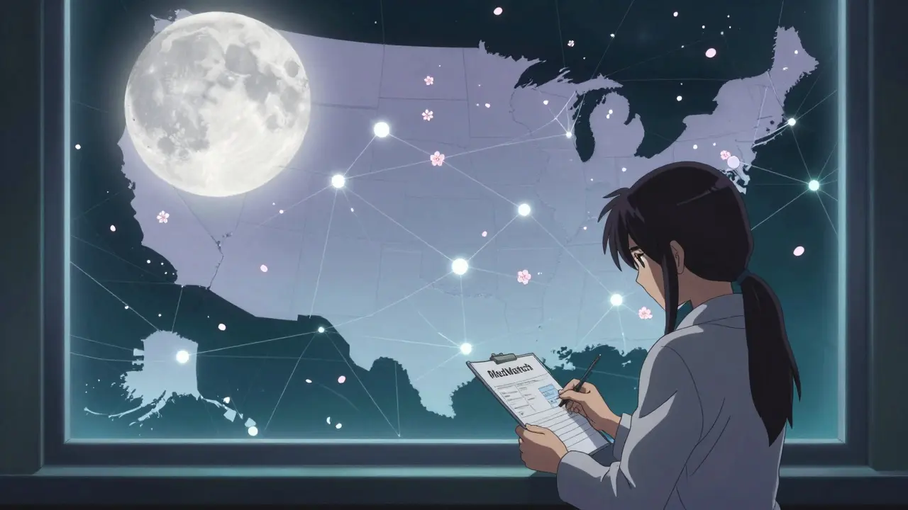 A patient filing a safety report as their shadow merges with a network of data nodes under the moon.