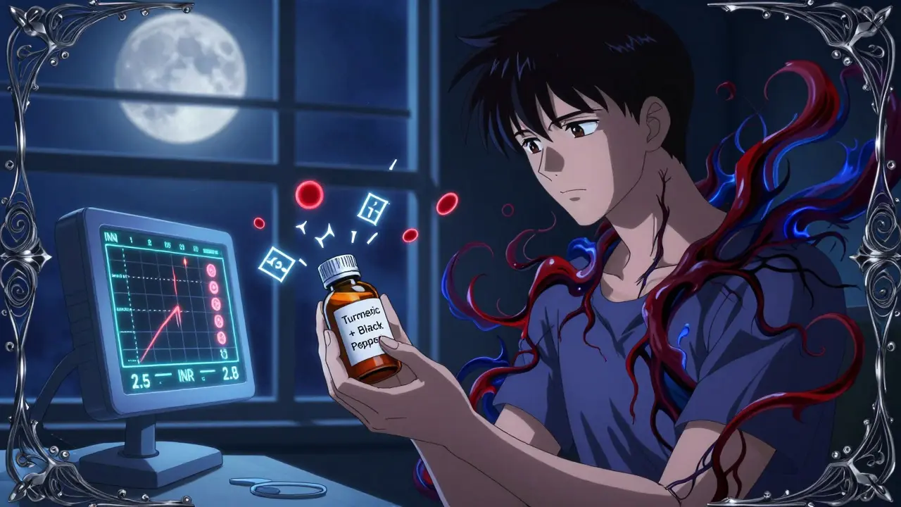 A patient holding a turmeric supplement bottle as dark energy twists through their veins, INR monitor spiking.