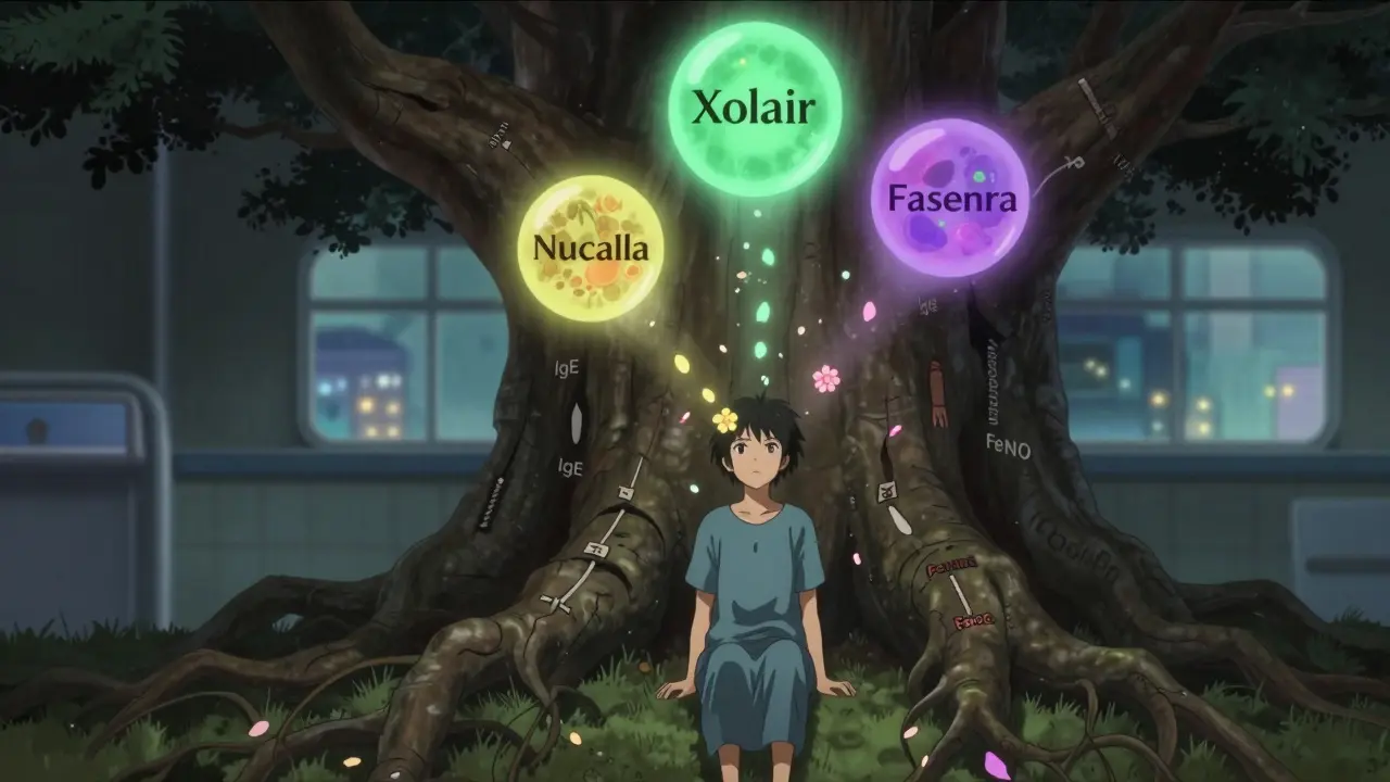 A patient sits beneath a biomarker tree as three biologic orbs cast healing light upon them.