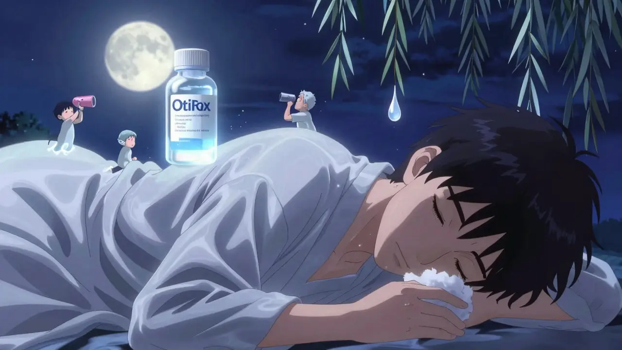 A person lying down as glowing ear drops flow into their ear, surrounded by serene figures of swimmers and drying hairdryers under moonlight.