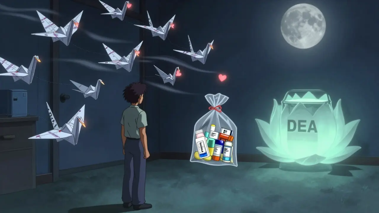 A person releasing expired meds as paper cranes toward a lotus-shaped disposal bin under moonlight.