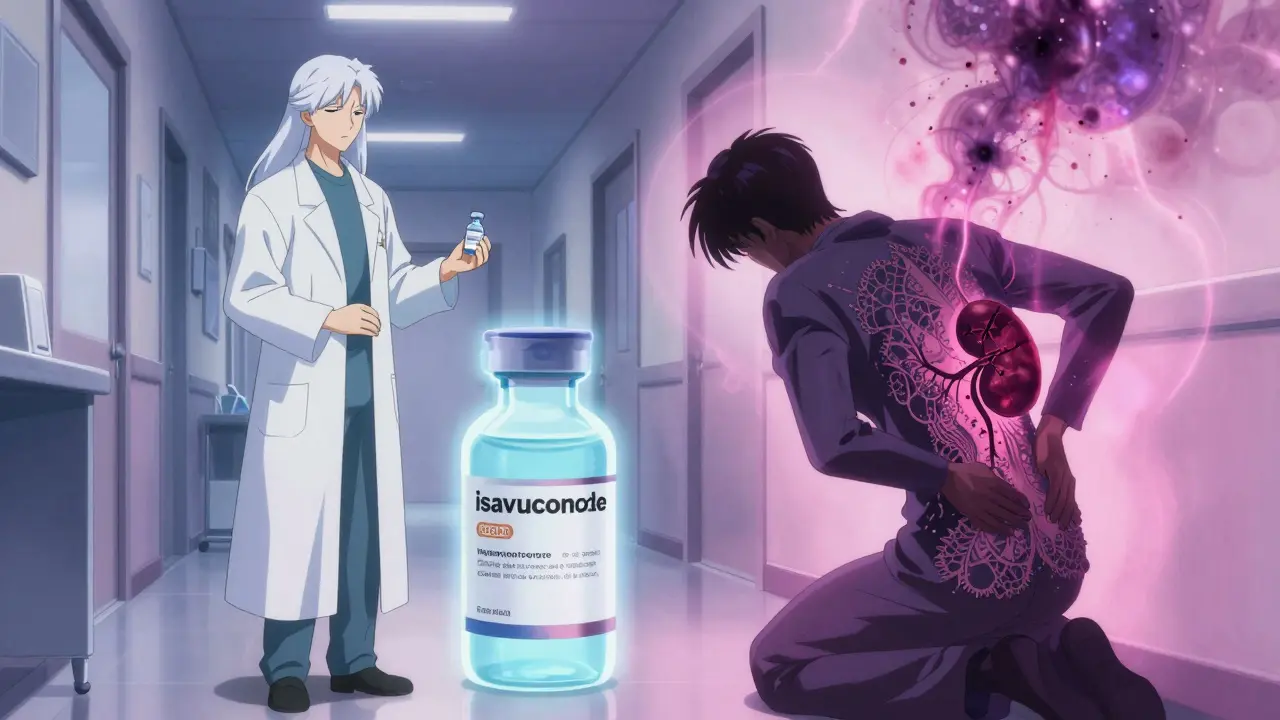 A pharmacist holds safer and riskier antifungals as a patient's kidney cracks with dark veins, in dreamlike Amano aesthetics.