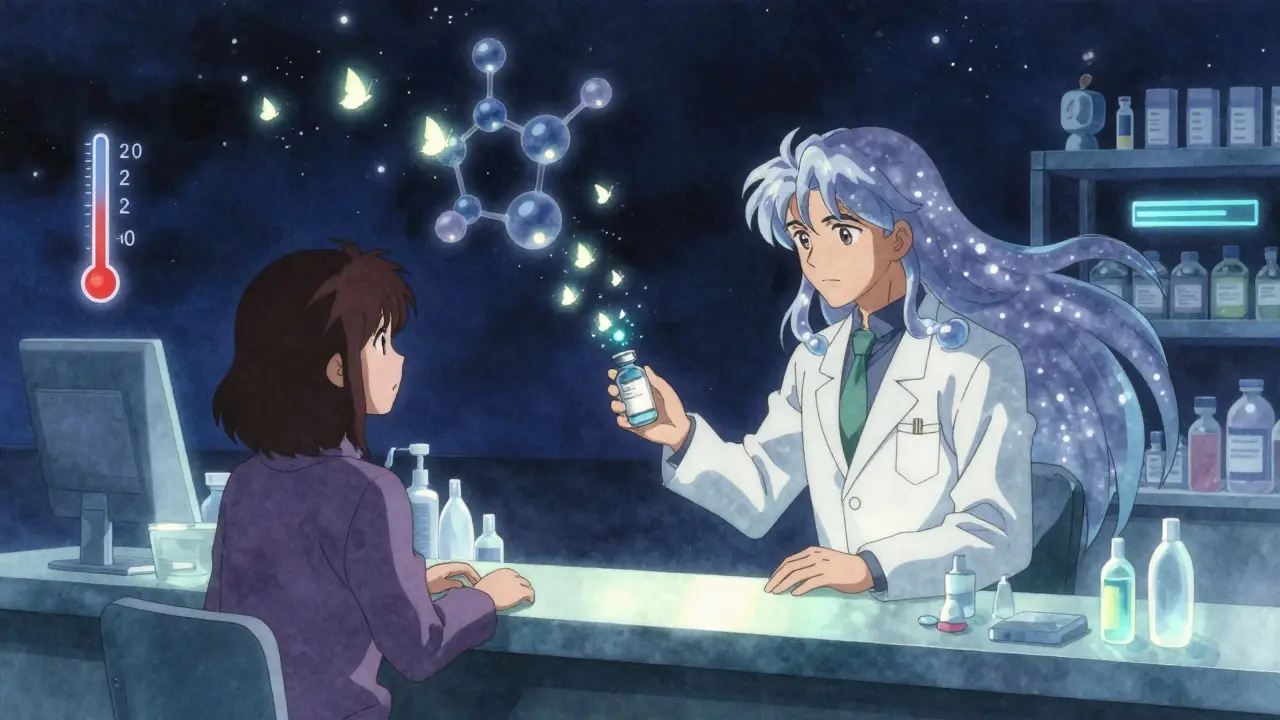 A pharmacist returning expired meds that turn into glowing moths under a starry molecular sky.