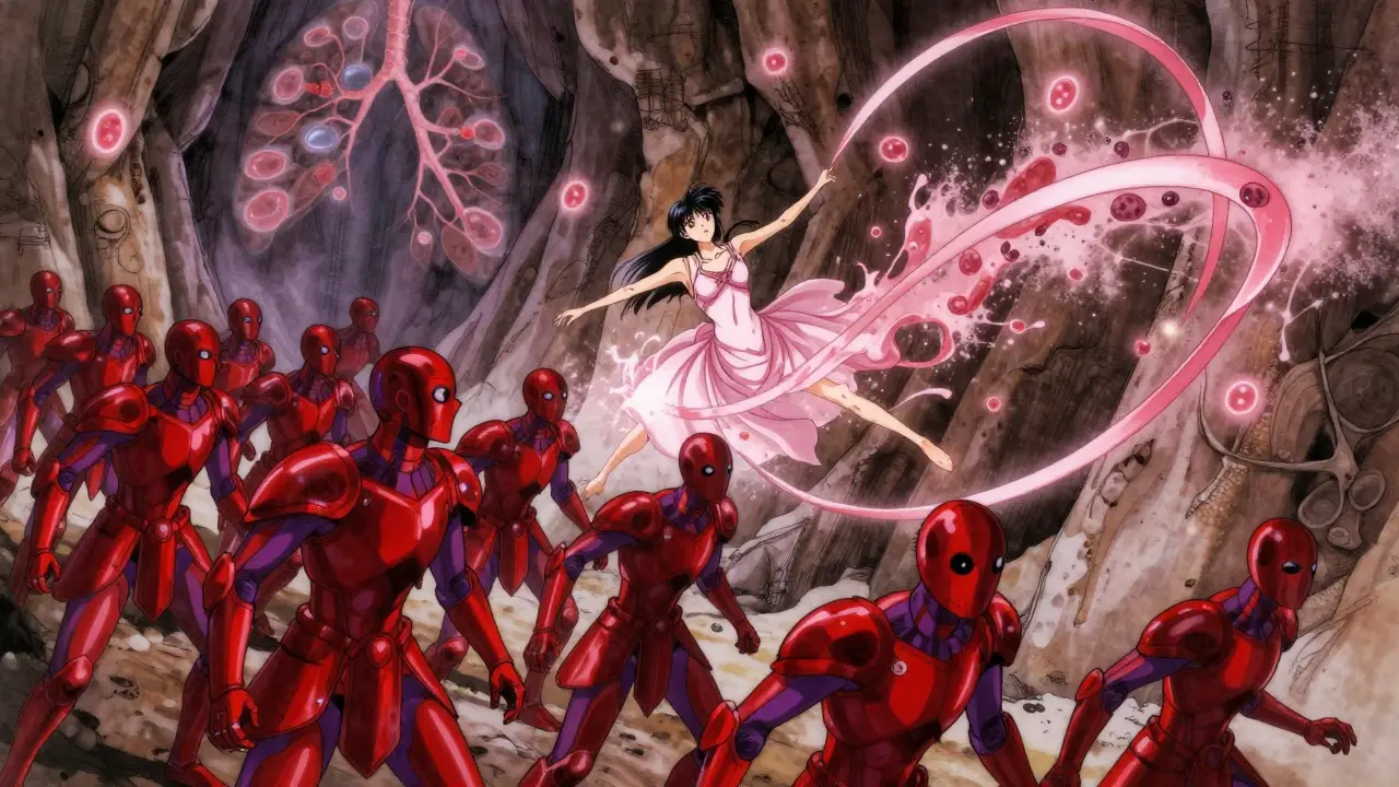 A serpentine anti-IL-5 ribbon dissolves a crimson army of eosinophils in a bronchial landscape.