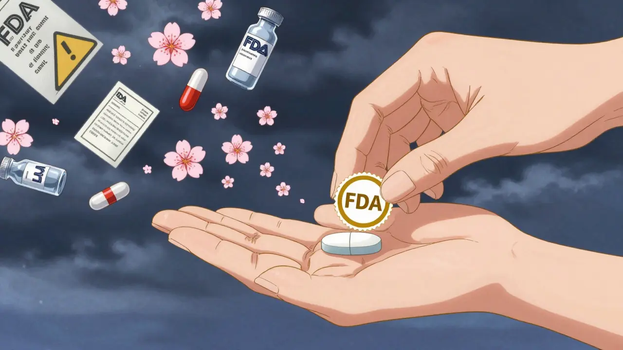 A single pill on a hand as pharmaceutical symbols dissolve into cherry blossoms under a celestial seal.