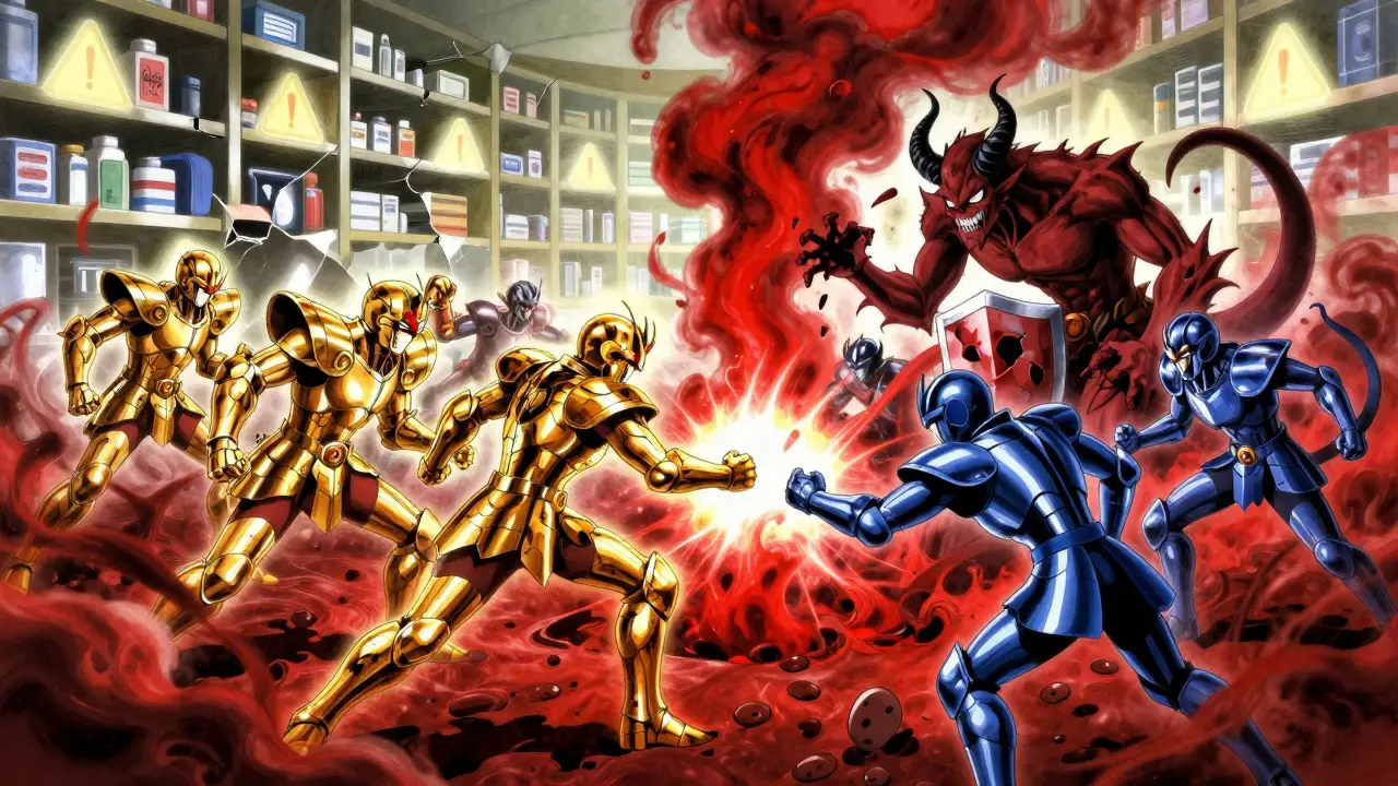 A surreal battle inside the body between curcumin, blood thinners, and piperine demons damaging liver enzymes.