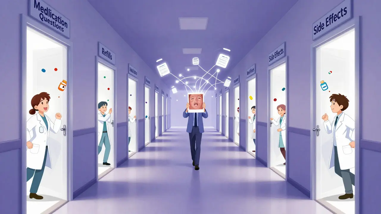 A surreal clinic hallway with glowing doors for medication questions, a figure holding a photo, and interconnected threads of light.