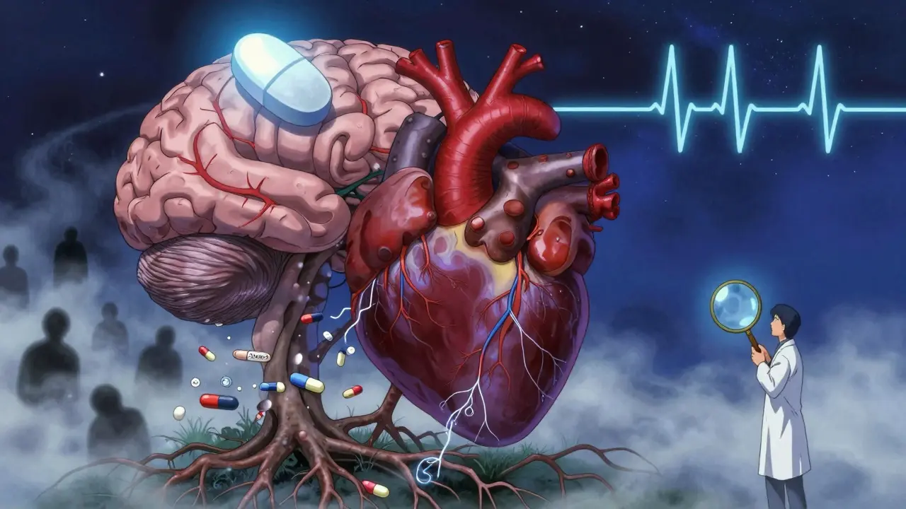 A surreal heart-brain tree with a calming pill radiating light, surrounded by stormy sedating pills and a steady ECG under stars.