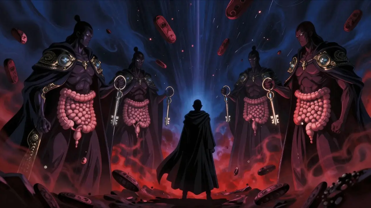 A warrior battles opioid receptors as three guardian keys unlock the colon, surrounded by crumbling laxative debris.