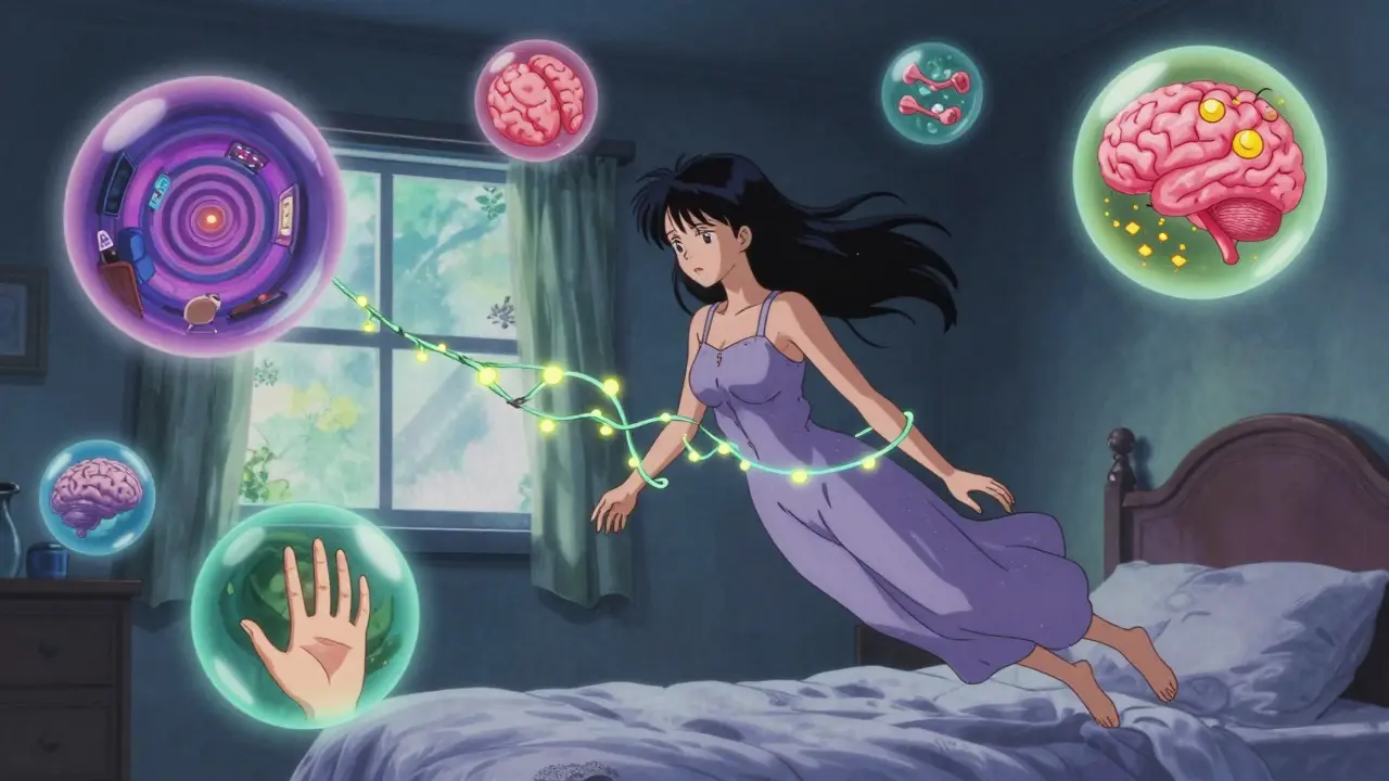 A woman floating amid surreal dream orbs symbolizing withdrawal symptoms, gently held by glowing fluoxetine vines.