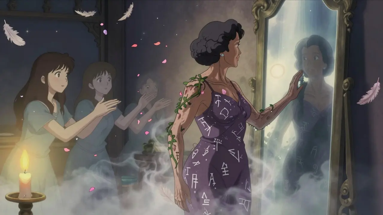 A woman sees her body transforming as muscle returns and fat fades, surrounded by floating petals and celestial light.