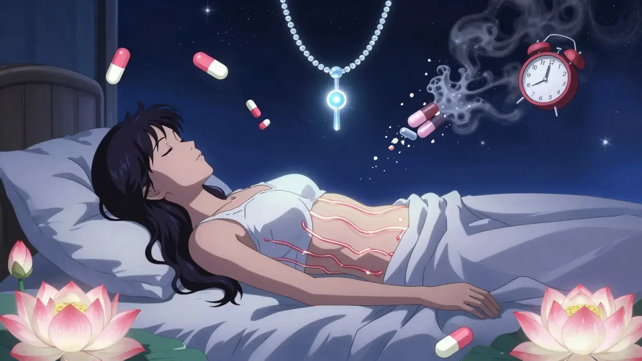 A woman sleeps peacefully as a glowing IUD hovers above her, while outdated fears crumble into ash surrounded by blooming lotuses.