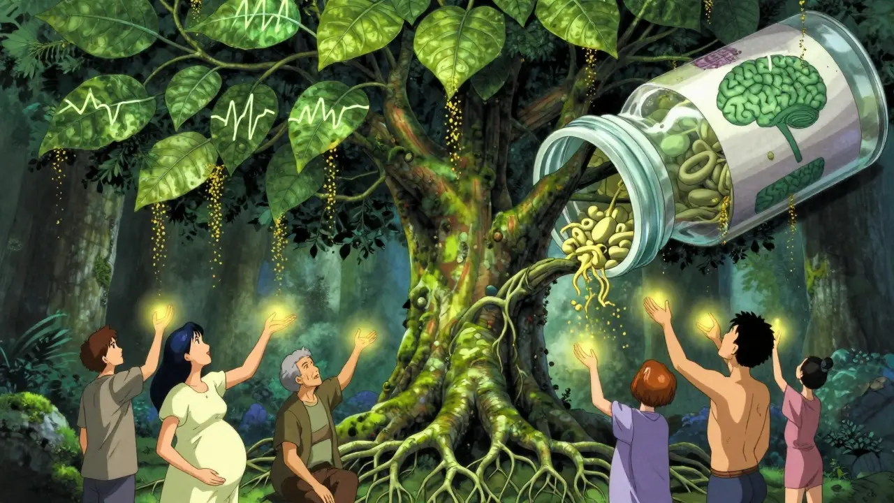 An ancient tree growing from a medicine bottle, with nerve-rooted branches shedding healing light over diverse figures.