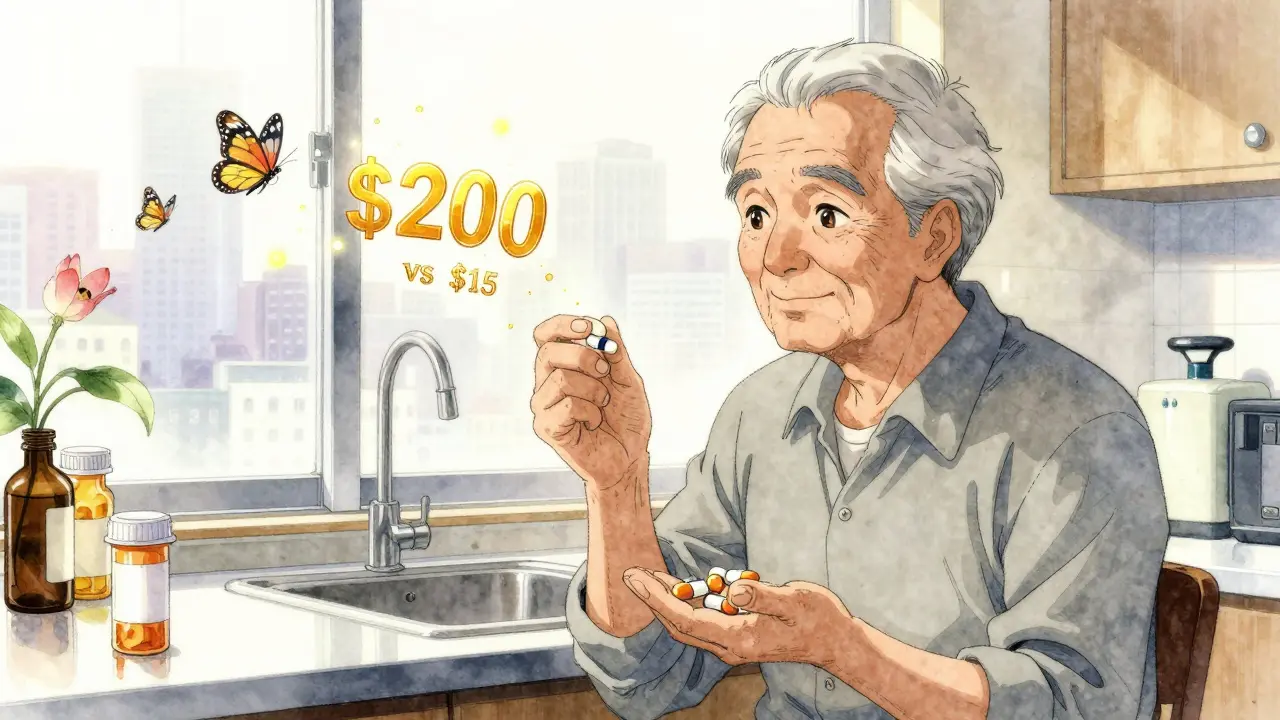An elderly person holding one combination pill versus three separate pills, with golden cost numerals floating around them.