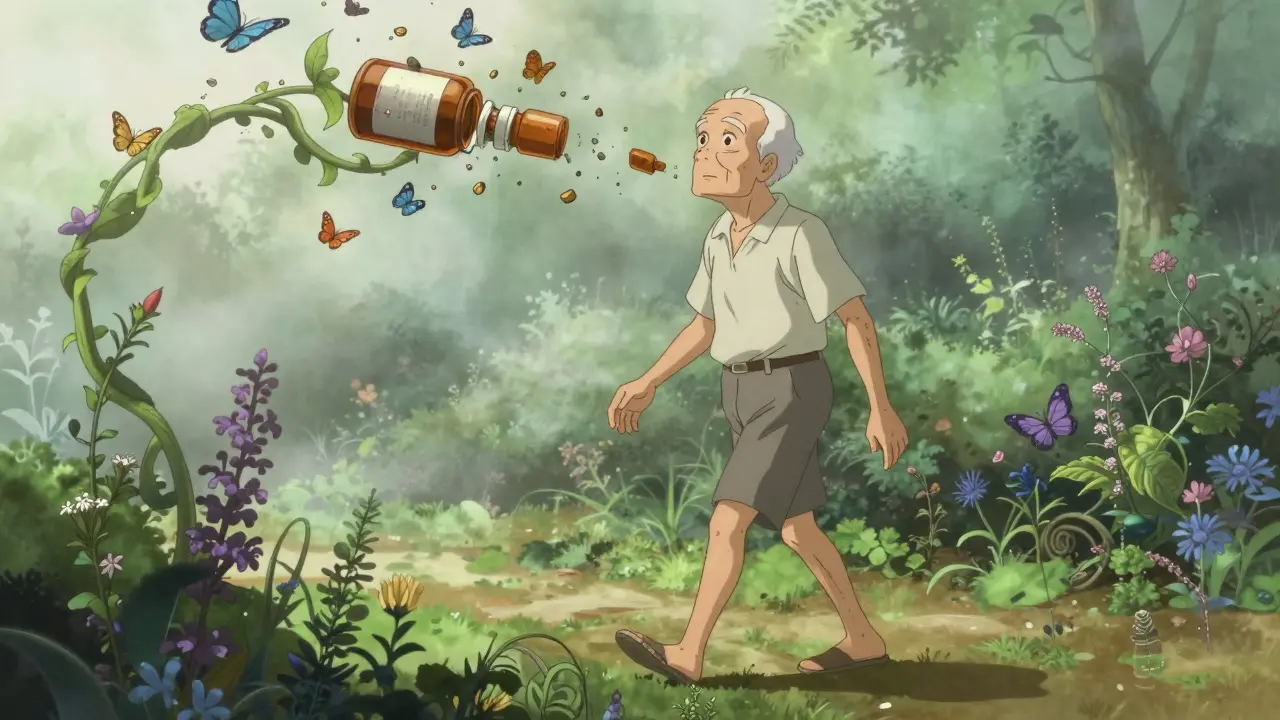 An older man walking through a garden, shedding medication bottles that become butterflies.