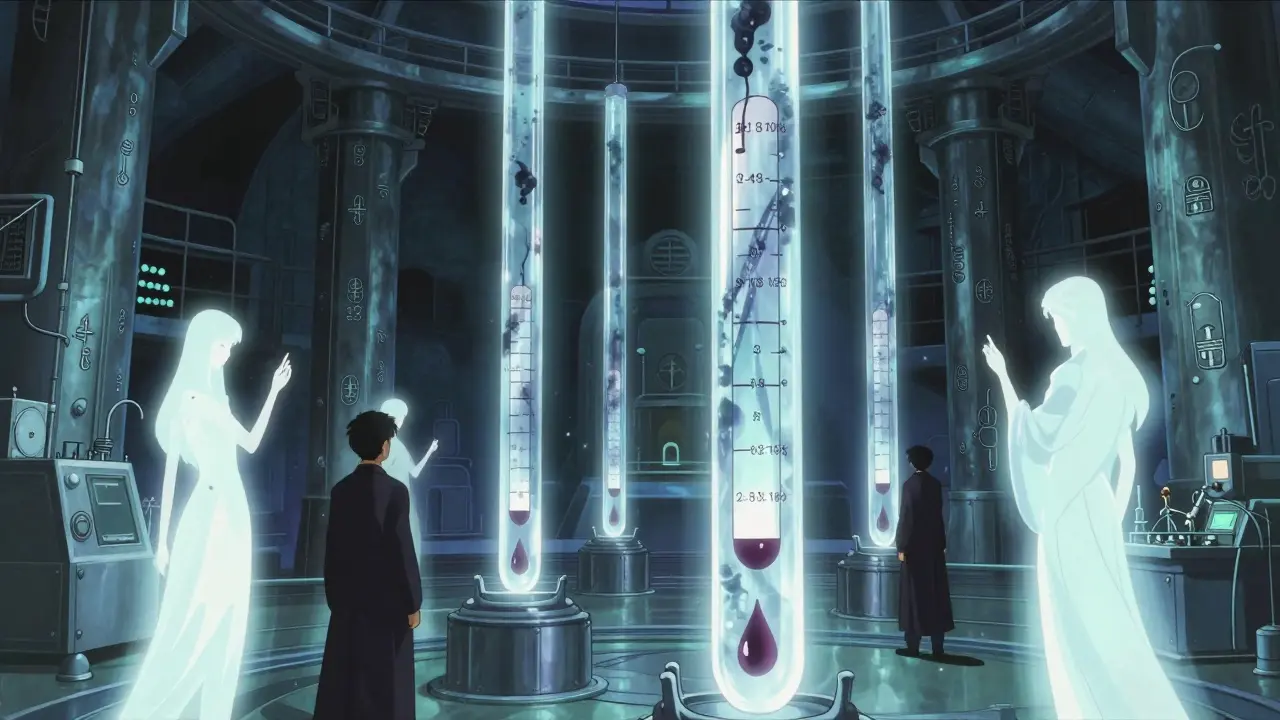 An underground lab with glowing blood samples and spirit inspectors analyzing drug purity.