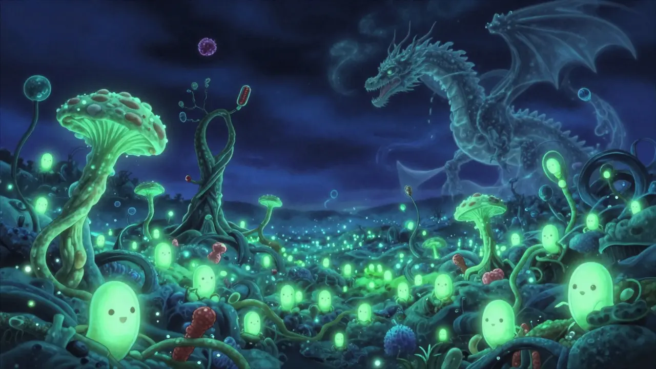 Bioluminescent gut landscape recovering after antibiotics, probiotic spirits rebuilding microbial forests.