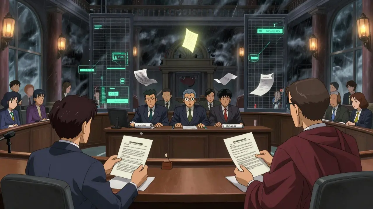 Contrasting scenes: Senate lawmakers freely exchanging papers while House legislators are blocked by digital gates during a storm.