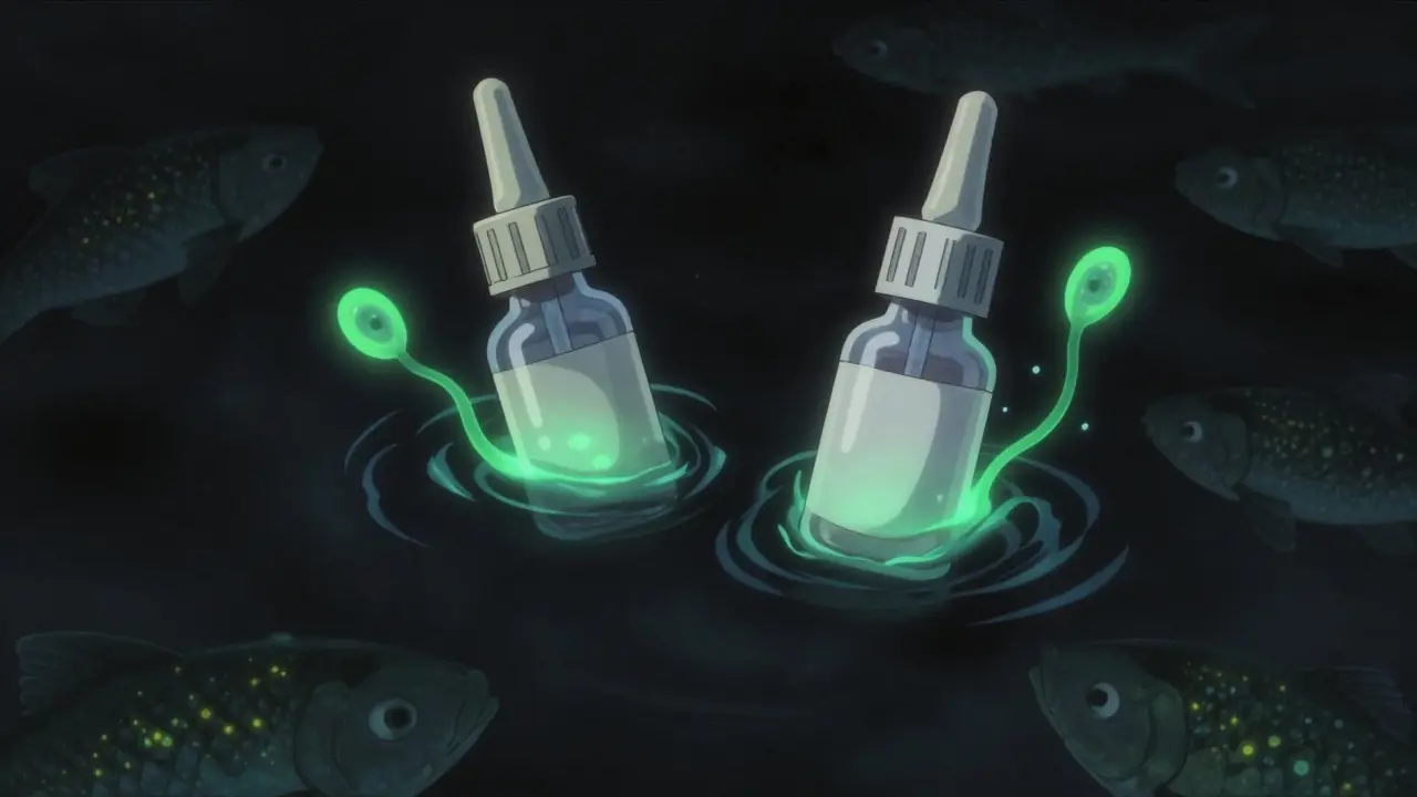 Empty eye drop bottles in a dark pond with glowing bacteria and fish with human eyes.
